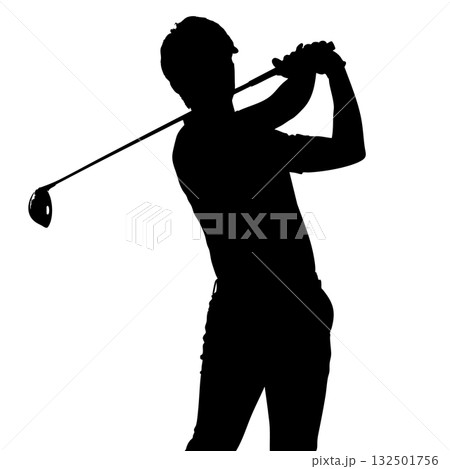 ドライバーで力強くスイングする男性ゴルファーのシルエットアイコン ドライバーで力強くスイングする男性ゴルファーのシルエットアイコン 132501756