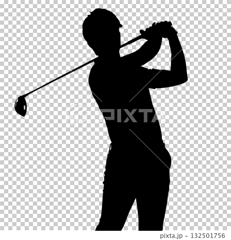 一名男高爾夫球手用一號木大力揮桿的剪影圖標 132501756