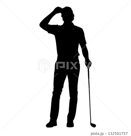 右手を帽子にあててポーズをとる男性ゴルファーのシルエットアイコン 132501757