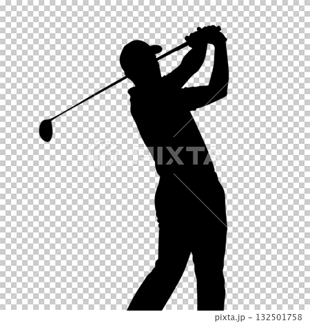 一名男高爾夫球手用一號木大力揮桿的剪影圖標 132501758