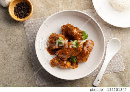 Braised Pork Baby Back Ribs or pork cartilage with Honey sauce.Top view. Braised Pork Baby Back Ribs or pork cartilage with Honey sauce.Top view. 132501843