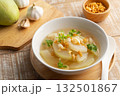 Winter Melon Soup with sun dried shrimp in white bowl.Thai gourd soup is a nutritious and refreshing and low calorie count. 132501867