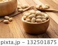Raw Uncooked peeled peanuts(Arachis hypogaea) in wooden bowl.rich in protein,fat,and fiber 132501875
