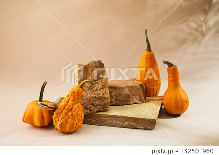 Autumn empty podium with decorative pumpkins Autumn empty podium with decorative pumpkins 132501960