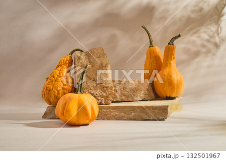 Autumn empty podium with decorative pumpkins Autumn empty podium with decorative pumpkins 132501967