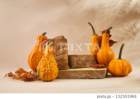 Autumn empty podium with decorative pumpkins 132501968