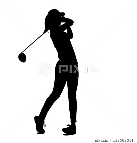 ドライバー・アイアンでスイングするスカート姿の女性ゴルファーのシルエット ドライバー・アイアンでスイングするスカート姿の女性ゴルファーのシルエット 132502011