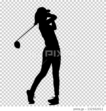 ドライバー・アイアンでスイングするスカート姿の女性ゴルファーのシルエット ドライバー・アイアンでスイングするスカート姿の女性ゴルファーのシルエット 132502011