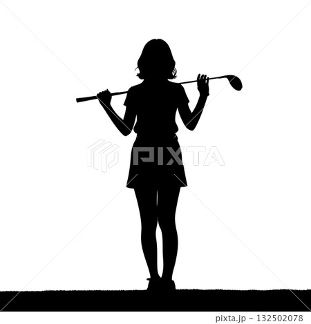 クラブを肩に担ぎ立つ女性ゴルファーの全身シルエットアイコン素材　ベクター　EPS 132502078