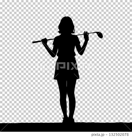 クラブを肩に担ぎ立つ女性ゴルファーの全身シルエットアイコン素材　ベクター　EPS 132502078