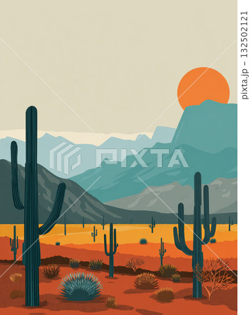 A vibrant, stylized digital illustration of a desert landscape featuring various cacti silhouettes against a gradient sky and a large, textured orange sun, with rich teal, green, and pink colors. 132502121