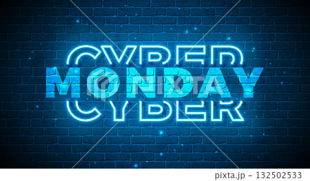 Cyber Monday Sale Shopping Day Banner with Glowing Neon Light Typography Lettering on Vintage Brick Wall Background. Vector Christmas Holiday Season Design for Discount Offer, Promotion Flyer 132502533
