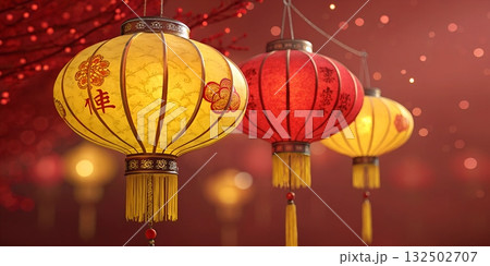 Red and yellow ornamental lanterns with decorative patterns and tassels hang against a blurred red background Red and yellow ornamental lanterns with decorative patterns and tassels hang against a blurred red background 132502707