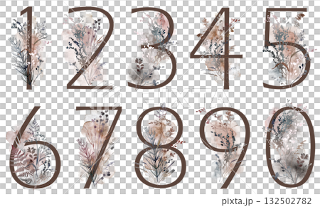 Numbers with watercolor autumn leaves and grass in brown tones, winter wedding illustration Numbers with watercolor autumn leaves and grass in brown tones, winter wedding illustration 132502782