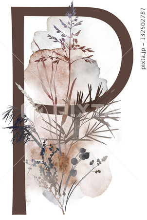 Capital letter P with watercolor autumn leaves and grass in earth tones, winter wedding illustration 132502787