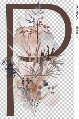Capital letter P with watercolor autumn leaves and grass in earth tones, winter wedding illustration 132502787