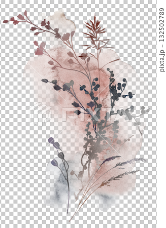 Watercolor boho autumn floral bouquet with dried leaves in brown tones, wedding illustration 132502789