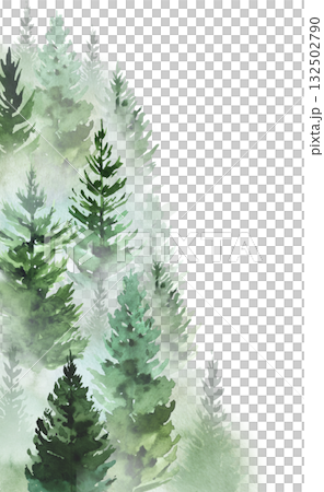 Hand drawn watercolor green spruce or pine tree misty forest border, winter isolated illustration 132502790