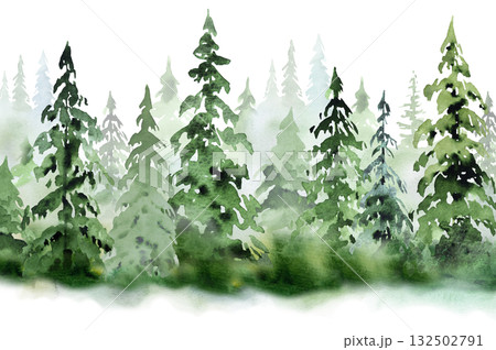 Hand drawn watercolor green spruce or pine tree misty forest, winter isolated illustration, copy space Hand drawn watercolor green spruce or pine tree misty forest, winter isolated illustration, copy space 132502791