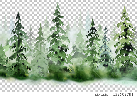 Hand drawn watercolor green spruce or pine tree misty forest, winter isolated illustration, copy space Hand drawn watercolor green spruce or pine tree misty forest, winter isolated illustration, copy space 132502791