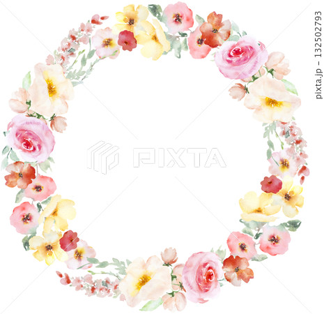 Frame with Watercolor pink and yellow flowers and leaves, pastel wedding isolated illustration 132502793