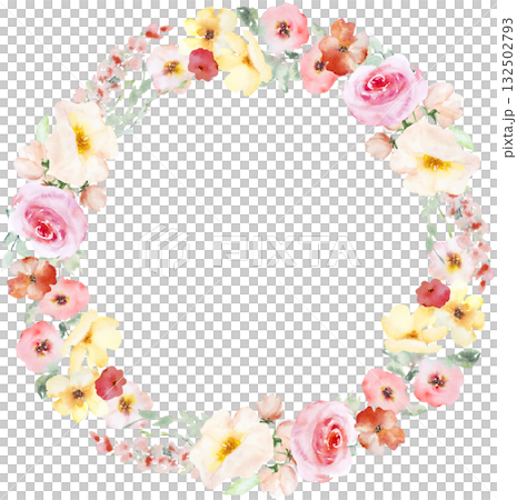 Frame with Watercolor pink and yellow flowers and leaves, pastel wedding isolated illustration 132502793