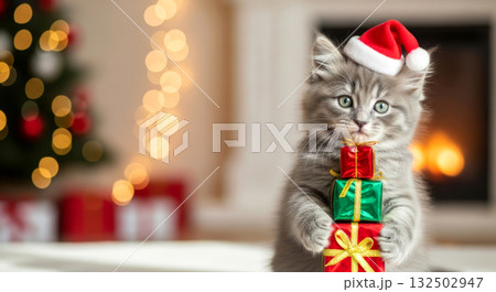 Adorable kitten in a Santa hat holding Christmas gifts in front of a blurred tree and cozy fireplace. Adorable kitten in a Santa hat holding Christmas gifts in front of a blurred tree and cozy fireplace. 132502947