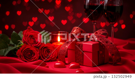 Romantic Valentine's Day setting with red roses, wine, lit candle, and gift box with heart bokeh lights. Romantic Valentine's Day setting with red roses, wine, lit candle, and gift box with heart bokeh lights. 132502949
