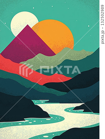 Abstract landscape with river, colorful mountains and sunset - ai generated Abstract landscape with river, colorful mountains and sunset - ai generated 132502989