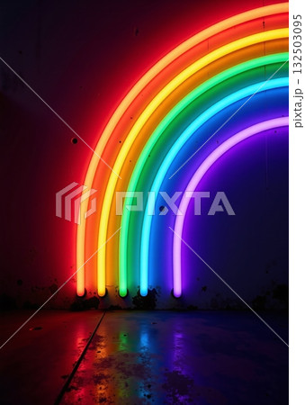 Glowing neon rainbow lights arch on dark wall and floor reflection - ai generated 132503095