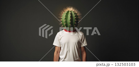 Defensive and aloof person with cactus head - ai generated 132503103