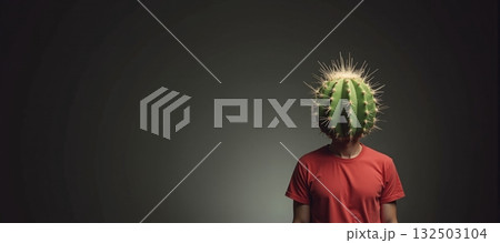 Defensive and aloof person with cactus head - ai generated 132503104