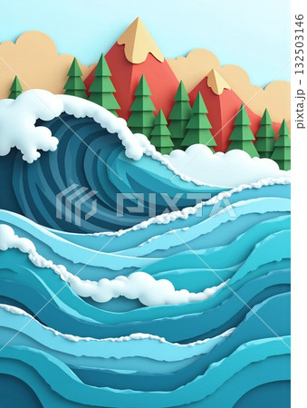 Blue ocean waves with foam and green mountains, landscape - ai generated 132503146