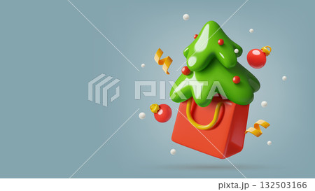 Winter holiday shopping background with a 3d Christmas tree in a red gift bag 132503166