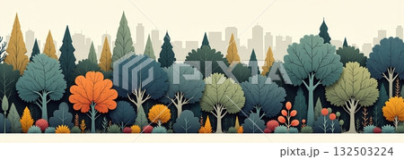 Colorful urban park trees with city skyline background - ai generated 132503224