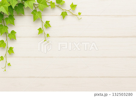 自然光の中の白木と蔦と葉が配置された背景素材 132503280