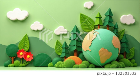 Green earth with flowers, leaves, paper art style environment - ai generated Green earth with flowers, leaves, paper art style environment - ai generated 132503332