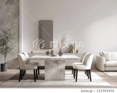 A chic, minimalist dining room featuring a round concrete table, white boucle chairs, an arched mirror, and dried floral arrangements against a neutral wall. 132503458