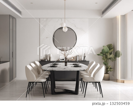 A chic, minimalist dining room featuring a round concrete table, white boucle chairs, an arched mirror, and dried floral arrangements against a neutral wall. A chic, minimalist dining room featuring a round concrete table, white boucle chairs, an arched mirror, and dried floral arrangements against a neutral wall. 132503459