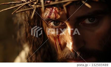 Dramatic face of Jesus with blood and thorns symbolizing sacrifice 132503489