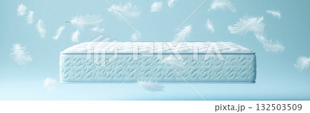 Soft Comfortable Mattress with Flying Feathers on Light Blue Background 132503509
