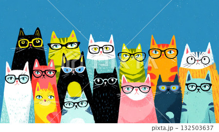 A cheerful, colorful illustration of a diverse group of stylized cats with wide eyes and simple features, set against a light blue background. 132503637