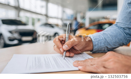 A person signs paperwork for a vehicle sale at a car dealership during business hours, surrounded by various cars A person signs paperwork for a vehicle sale at a car dealership during business hours, surrounded by various cars 132503756