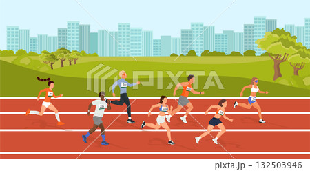 Diverse runners competing on track in urban park setting Diverse runners competing on track in urban park setting 132503946