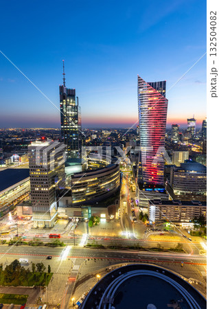Warsaw skyline skyscraper in downtown by night portrait format in Warsaw, Poland 132504082