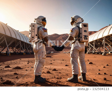Astronauts holding hands between futuristic Mars colony structures Astronauts holding hands between futuristic Mars colony structures 132504113