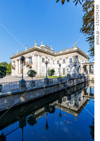 Lazienki Palace on island inside Lazienki Park portrait format in Warsaw, Poland 132504140