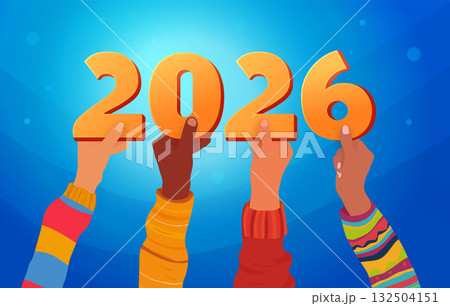 Hands of diverse people holding 2026 numbers celebrating New Year together in unity and joy Hands of diverse people holding 2026 numbers celebrating New Year together in unity and joy 132504151