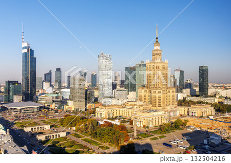 Warsaw skyline skyscraper with Palace of Culture and Science in downtown in Warsaw, Poland 132504216