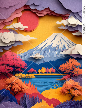A stunning, layered papercut art style depiction of a Japanese landscape at sunset, featuring Mount Fuji, cherry blossoms, and a vibrant sky. 132504270